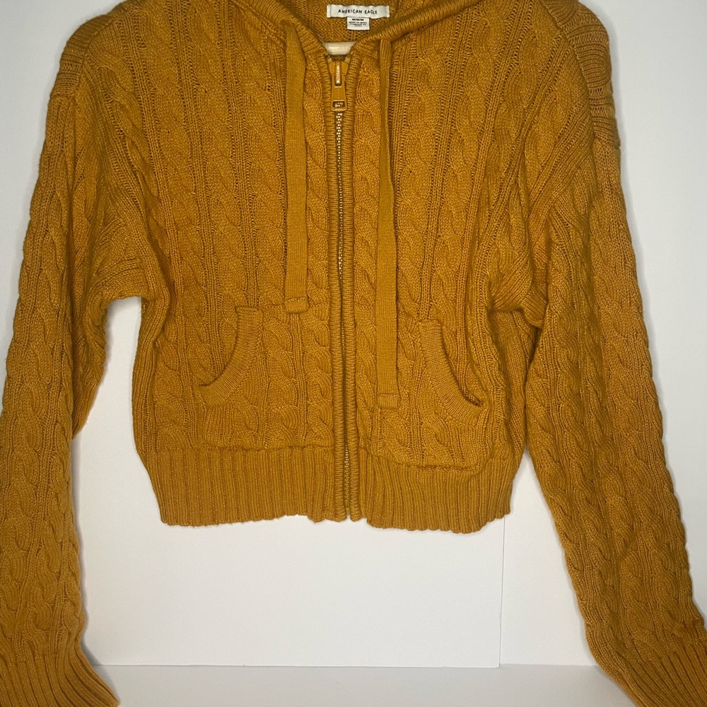 American Eagle Outfitters Mustard Cable-Knit Zip-Up Hoodie Cardigan